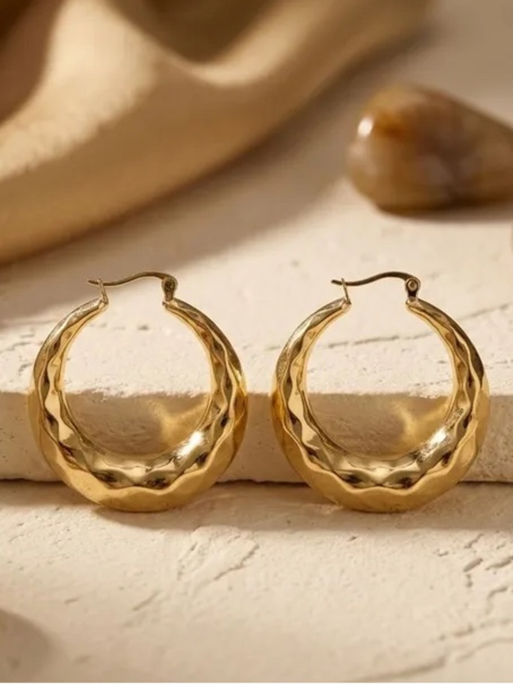 1.5in. Stainless Steel Textured Crescent Diamond Cut Gold Hoop Earrings